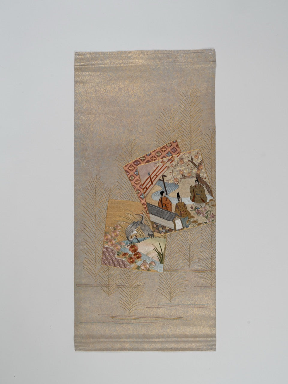 Imperial Reverie: Hand-Embroidered Gold Silk Tapestry