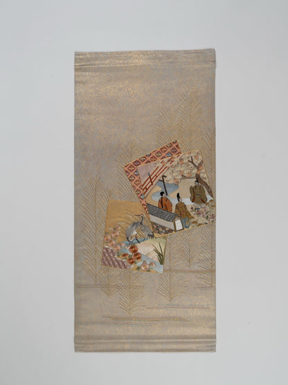 Japanese ceremonial silk wall tapestry with court vignettes in pale gold — Renaras atelier