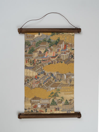 Japanese ceremonial silk wall tapestry with Edo townscape in champagne gold — Renaras atelier