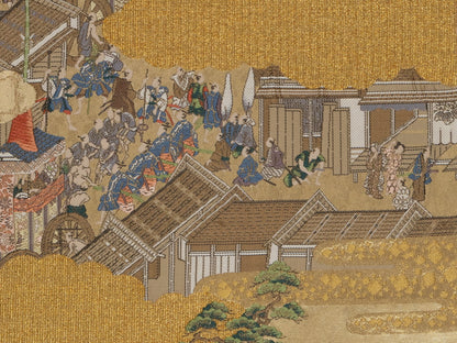 Japanese ceremonial silk wall tapestry with Edo townscape in champagne gold — Renaras atelier