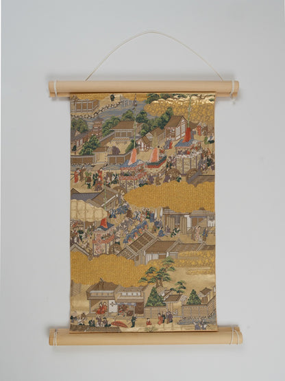 Japanese ceremonial silk wall tapestry with Edo townscape in champagne gold — Renaras atelier