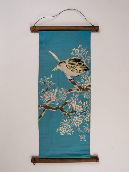 Japanese ceremonial silk wall tapestry with night heron in teal and azure — Renaras atelier