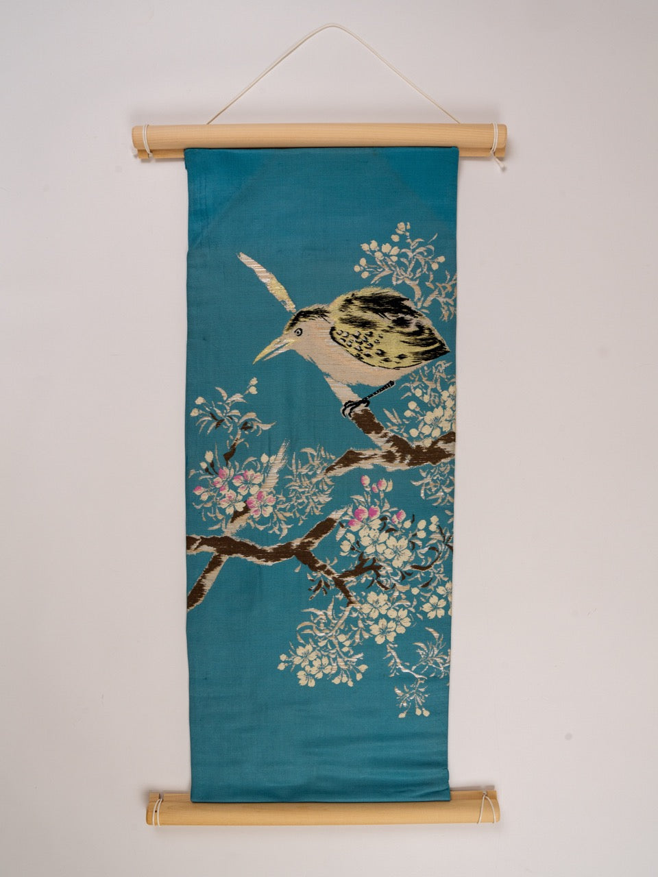 Renaras The Goi-Sagi | Vintage Japanese Fukuro Obi Tapestry, Kachō-ga Night Heron, Seiheki Teal & Azure — wall hanging view 3