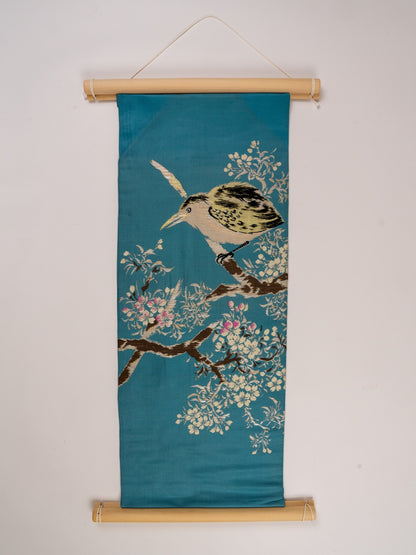 Japanese ceremonial silk wall tapestry with night heron in teal and azure — Renaras atelier