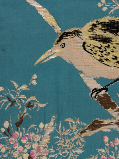 Japanese ceremonial silk wall tapestry with night heron in teal and azure — Renaras atelier