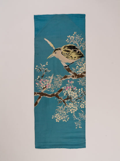 Japanese ceremonial silk wall tapestry with night heron in teal and azure — Renaras atelier