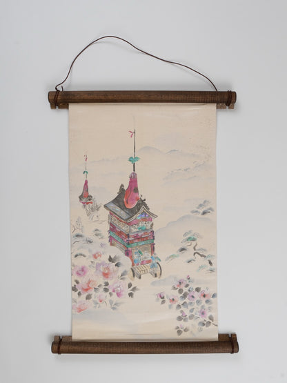 Japanese ceremonial silk wall tapestry with Yatai festival float in moonlit silk — Renaras atelier