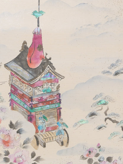 Japanese ceremonial silk wall tapestry with Yatai festival float in moonlit silk — Renaras atelier
