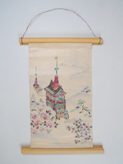 Japanese ceremonial silk wall tapestry with Yatai festival float in moonlit silk — Renaras atelier