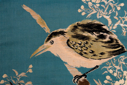 Japanese ceremonial silk wall tapestry with night heron in teal and azure — Renaras atelier