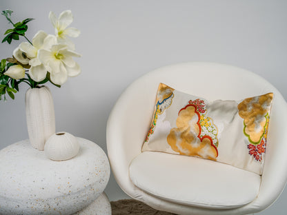 Japanese ceremonial silk lumbar pillow with zuiun auspicious cloud motif in white and gold — Renaras atelier