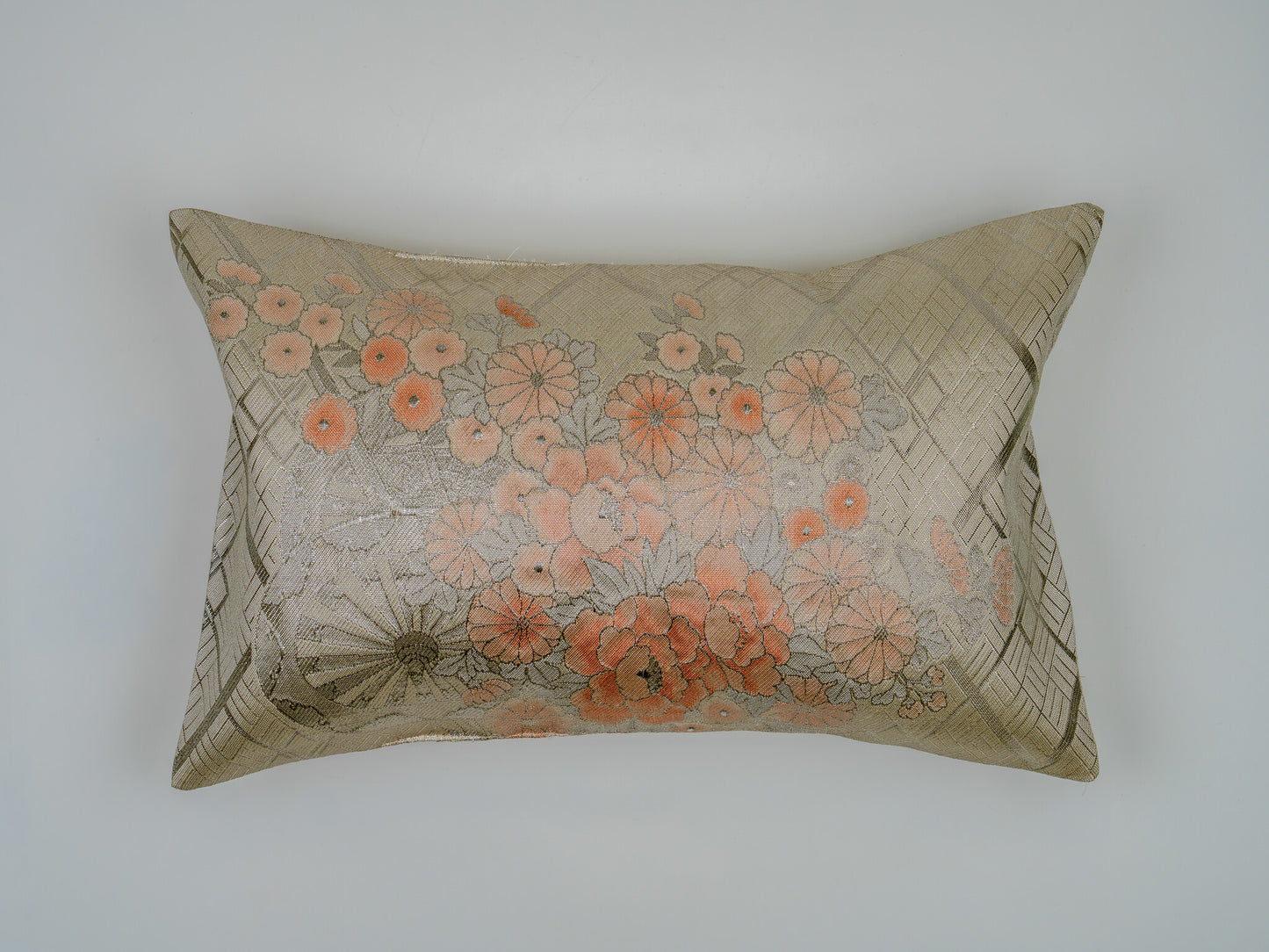 Japanese ceremonial silk lumbar pillow with goshoguruma carriage motif in silver and floral — Renaras atelier
