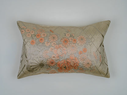 Japanese ceremonial silk lumbar pillow with goshoguruma carriage motif in silver and floral — Renaras atelier