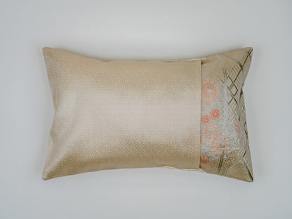 Japanese ceremonial silk lumbar pillow with goshoguruma carriage motif in silver and floral — Renaras atelier
