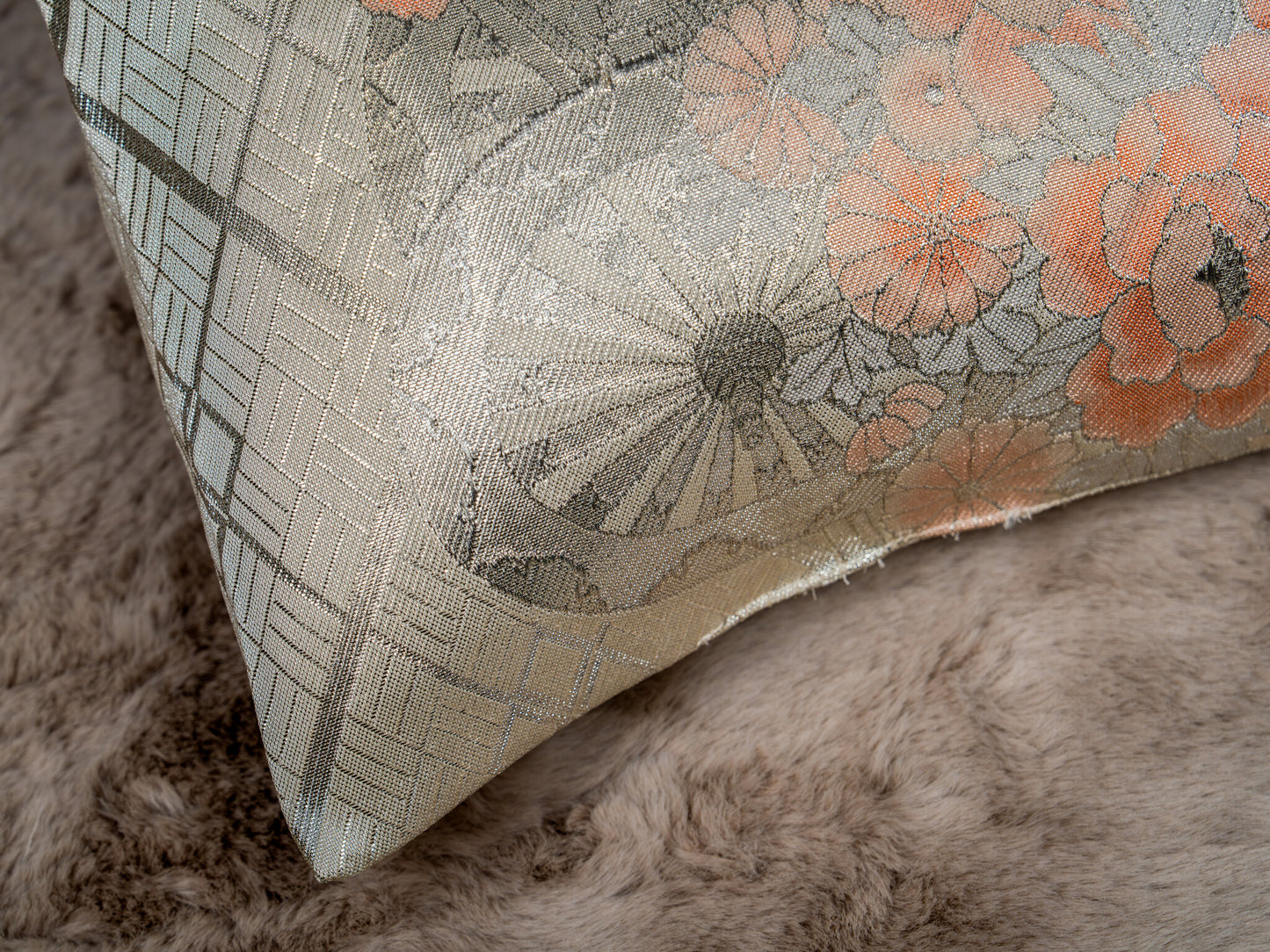 Japanese ceremonial silk lumbar pillow with goshoguruma carriage motif in silver and floral — Renaras atelier