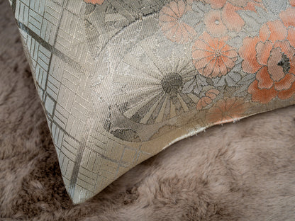Japanese ceremonial silk lumbar pillow with goshoguruma carriage motif in silver and floral — Renaras atelier