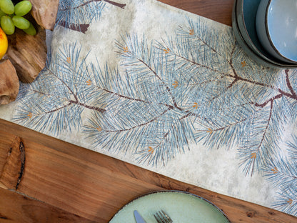 Japanese ceremonial silk table runner with matsu pine in cream and silver — Renaras atelier