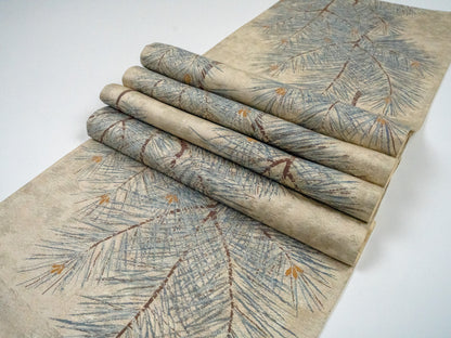 Japanese ceremonial silk table runner with matsu pine in cream and silver — Renaras atelier