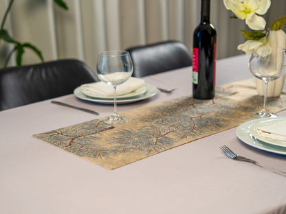 Japanese ceremonial silk table runner with matsu pine in cream and silver — Renaras atelier