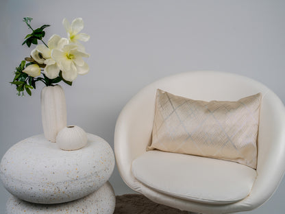 Japanese ceremonial silk lumbar pillow with hishi diamond lattice in champagne and silver — Renaras atelier