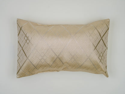 Japanese ceremonial silk lumbar pillow with hishi diamond lattice in champagne and silver — Renaras atelier