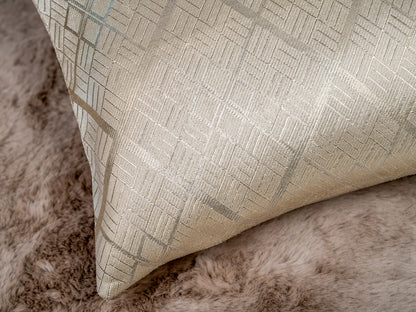 Japanese ceremonial silk lumbar pillow with hishi diamond lattice in champagne and silver — Renaras atelier