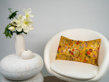 Japanese ceremonial silk lumbar pillow with kiku and autumn florals in gold — Renaras atelier