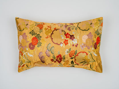 Japanese ceremonial silk lumbar pillow with kiku and autumn florals in gold — Renaras atelier
