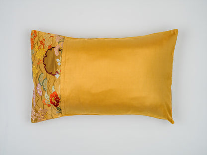 Japanese ceremonial silk lumbar pillow with kiku and autumn florals in gold — Renaras atelier