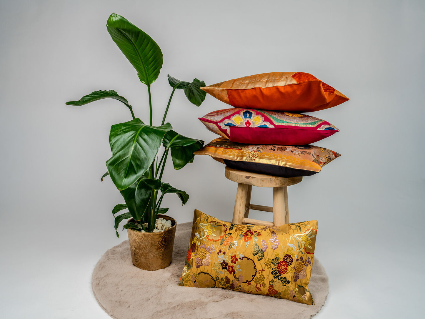 Japanese ceremonial silk lumbar pillow with kiku and autumn florals in gold — Renaras atelier