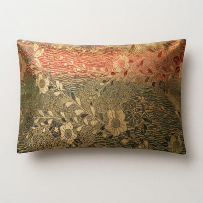 Japanese ceremonial silk lumbar pillow with bokashi gradient green to madder red and chrysanthemum motif — Renaras atelier
