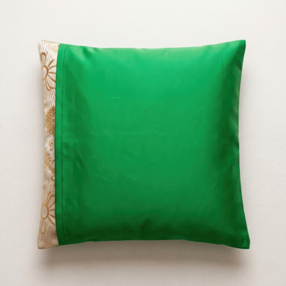 Japanese ceremonial silk lumbar pillow with mokkō kamon crest in emerald and gold — Renaras atelier