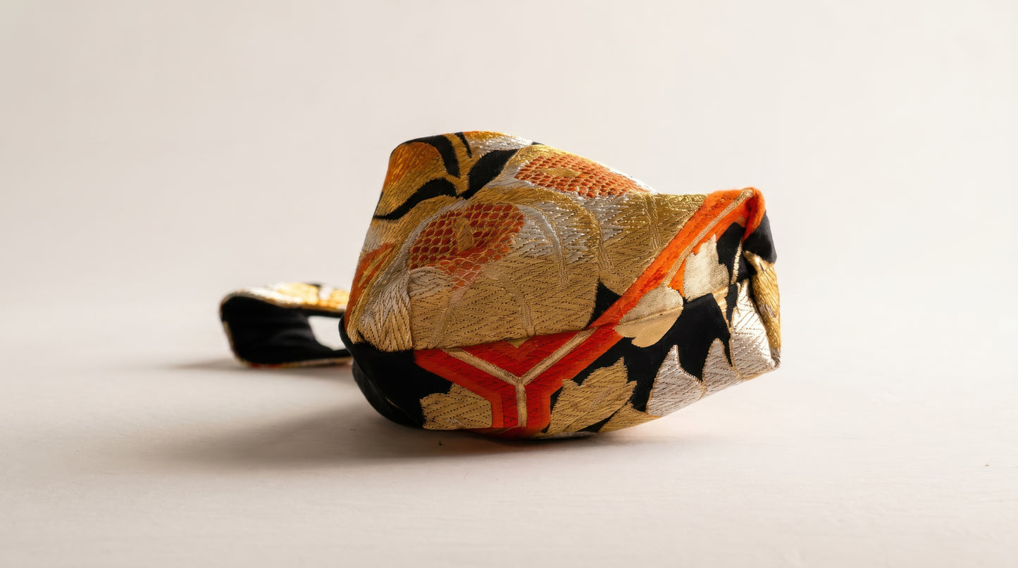 Japanese Ceremonial Silk Knot Bag – The Kikkō no Hana, Kiku and Kikkō Lattice in Black and Vermillion