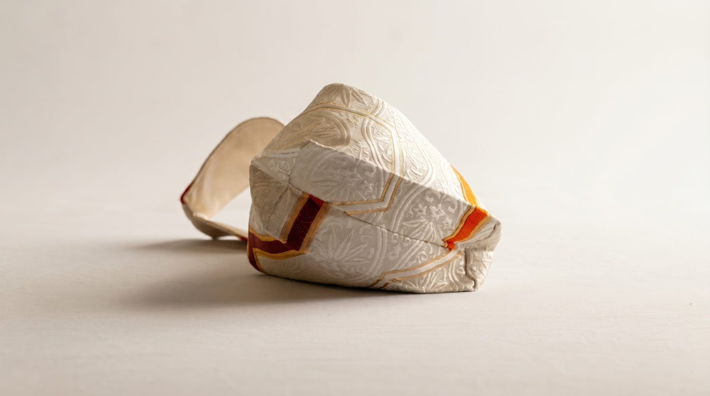 Japanese Ceremonial Silk Knot Bag – The Yamamichi, Chevron and Kikkō Damask in Ivory and Scarlet