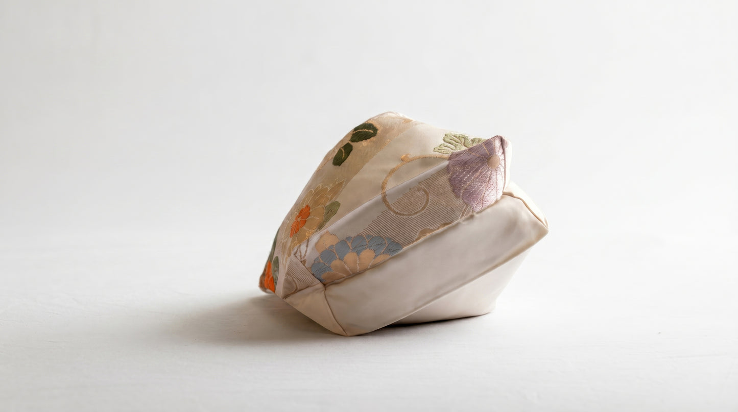 Japanese Ceremonial Silk Knot Bag – The Hana no Tegami, Kiku and Peonies in Cream and Marigold