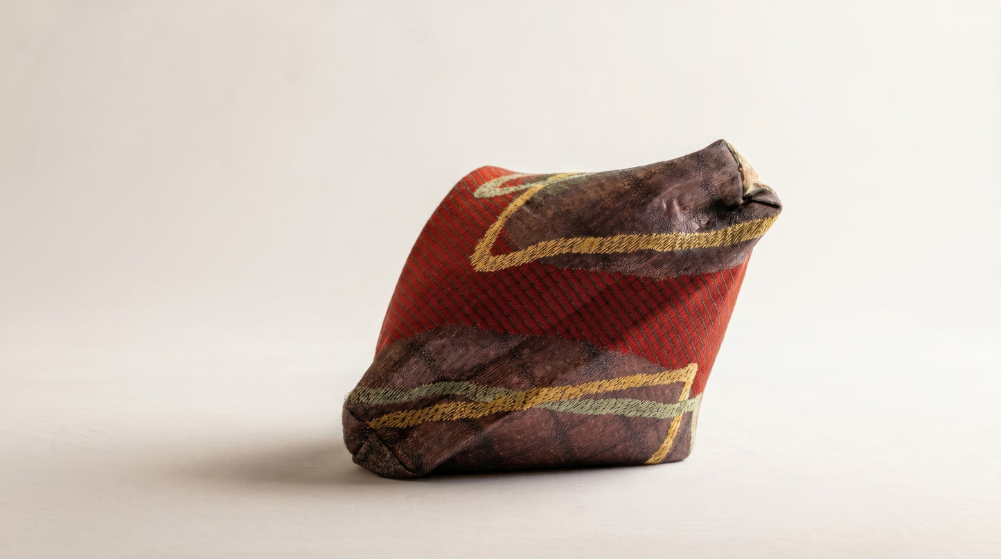 Japanese Ceremonial Silk Knot Bag – The Inazuma, Diagonal Lines on Patchwork in Oxblood and Gold