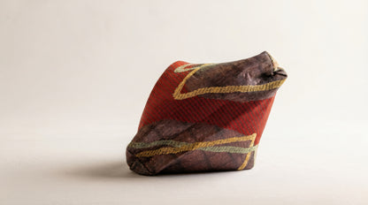 Japanese Ceremonial Silk Knot Bag – The Inazuma, Diagonal Lines on Patchwork in Oxblood and Gold