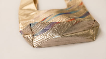 Japanese Ceremonial Silk Knot Bag – The Kogane no Obi, Striated Gold Bands in Champagne and Pastel