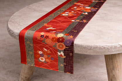 Japanese ceremonial silk table runner with kiku-chō chrysanthemum and butterfly in terracotta and gold — Renaras atelier