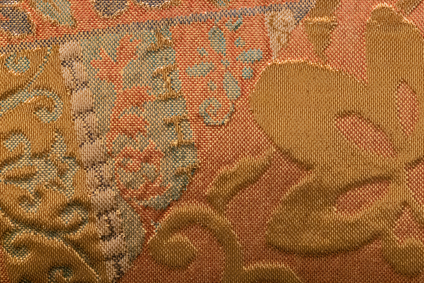 Japanese ceremonial silk lumbar pillow with yūsoku court pattern in coral and gold — Renaras atelier