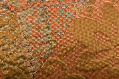 Japanese ceremonial silk lumbar pillow with yūsoku court pattern in coral and gold — Renaras atelier