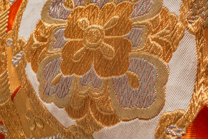 Japanese ceremonial silk lumbar pillow with momiji maple cascade in amber and persimmon — Renaras atelier