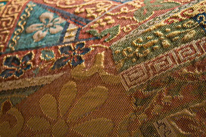Japanese ceremonial silk lumbar pillow with yūsoku court pattern in coral and gold — Renaras atelier