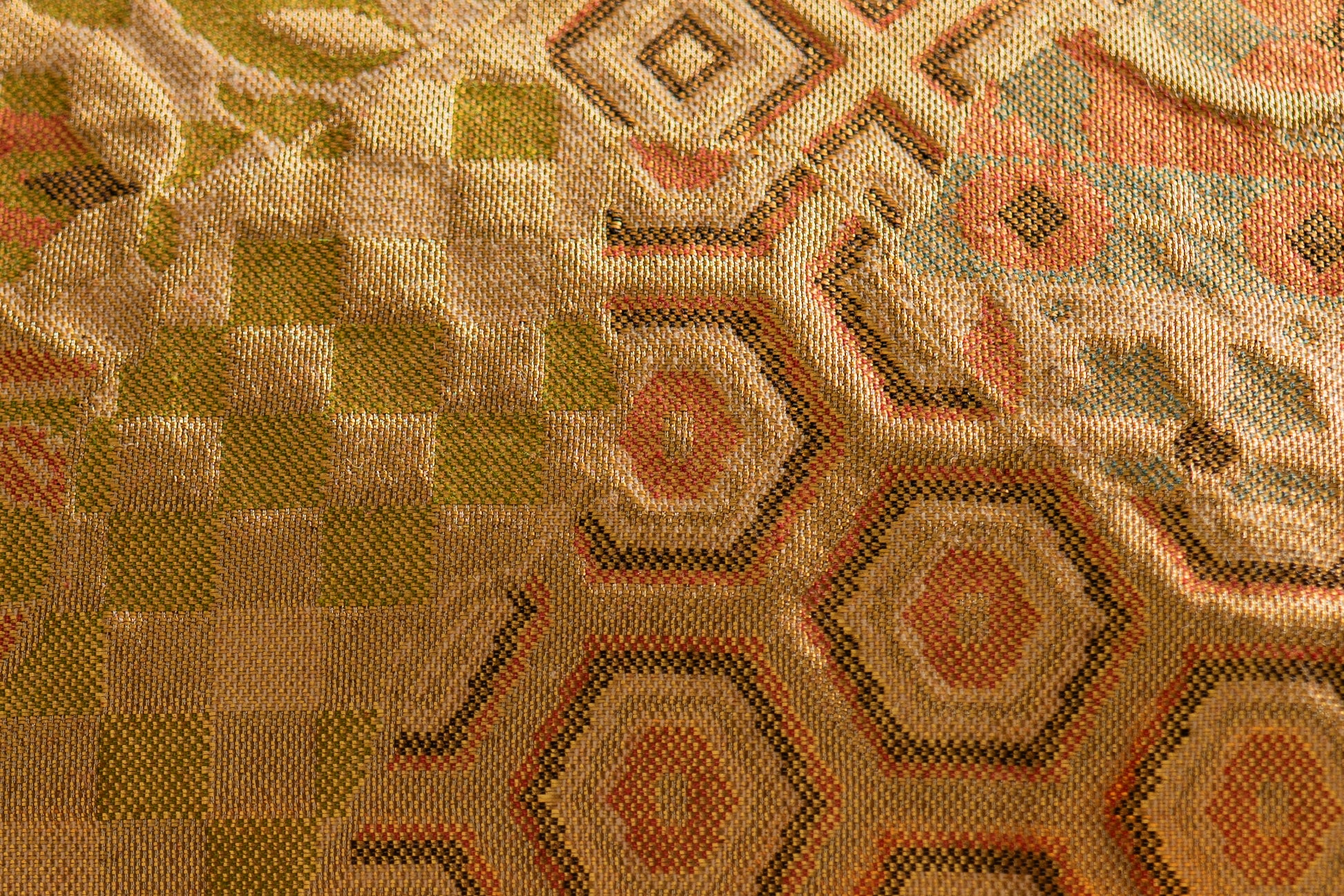 Japanese ceremonial silk lumbar pillow with kikkō hexagons and ichimatsu checkerboard in gold and sage — Renaras atelier