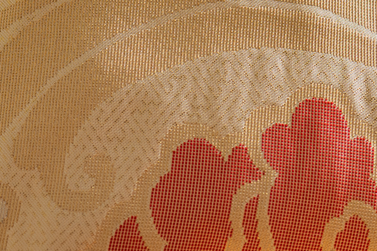 Japanese ceremonial silk lumbar pillow with botan peony in champagne and vermilion — Renaras atelier