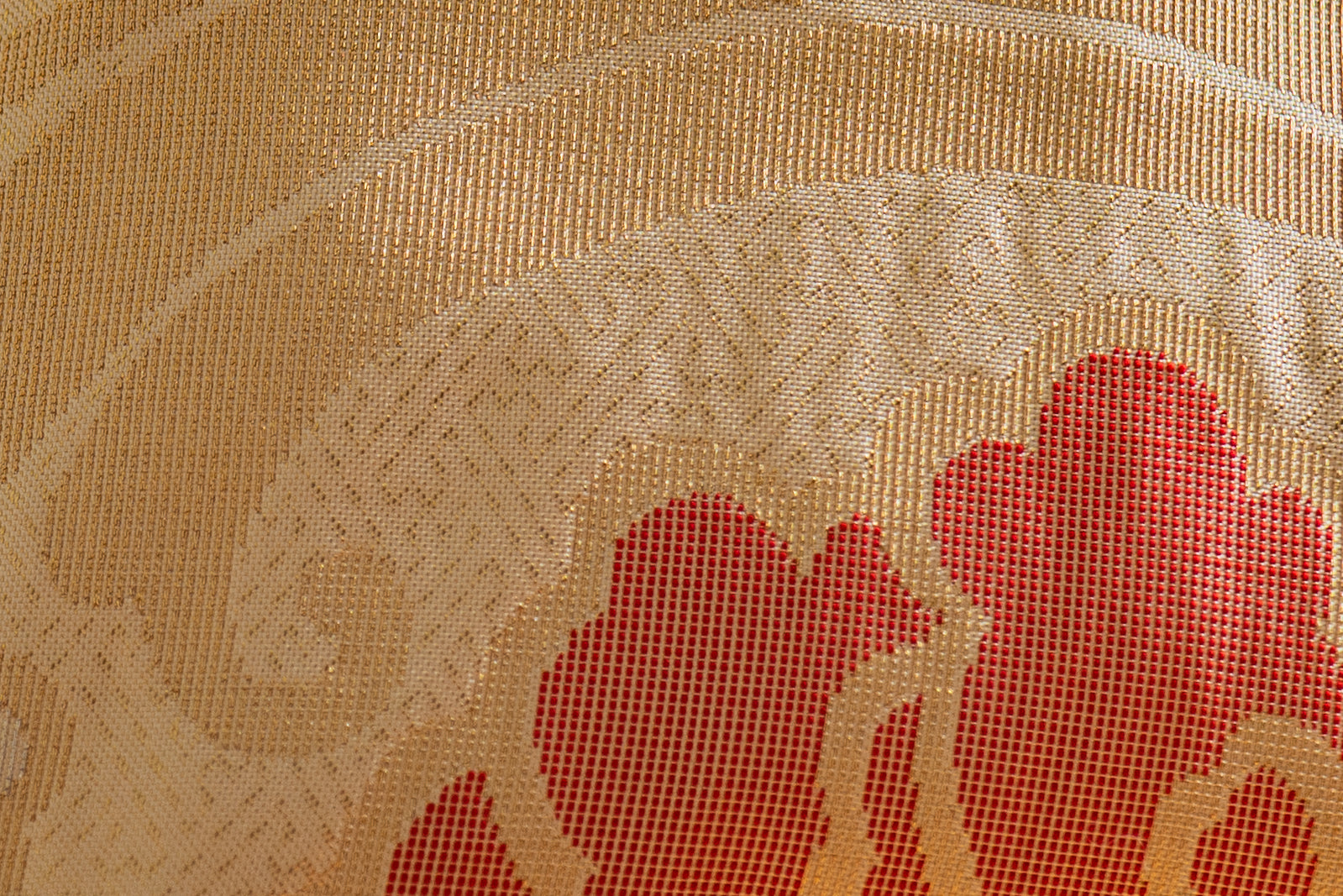 Japanese ceremonial silk lumbar pillow with botan peony in champagne and vermilion — Renaras atelier