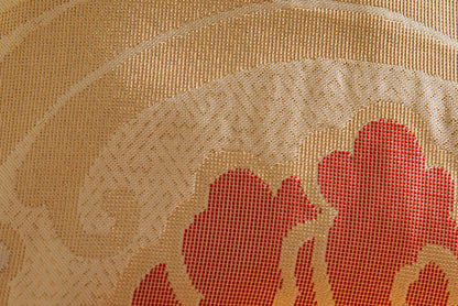 Japanese ceremonial silk lumbar pillow with botan peony in champagne and vermilion — Renaras atelier