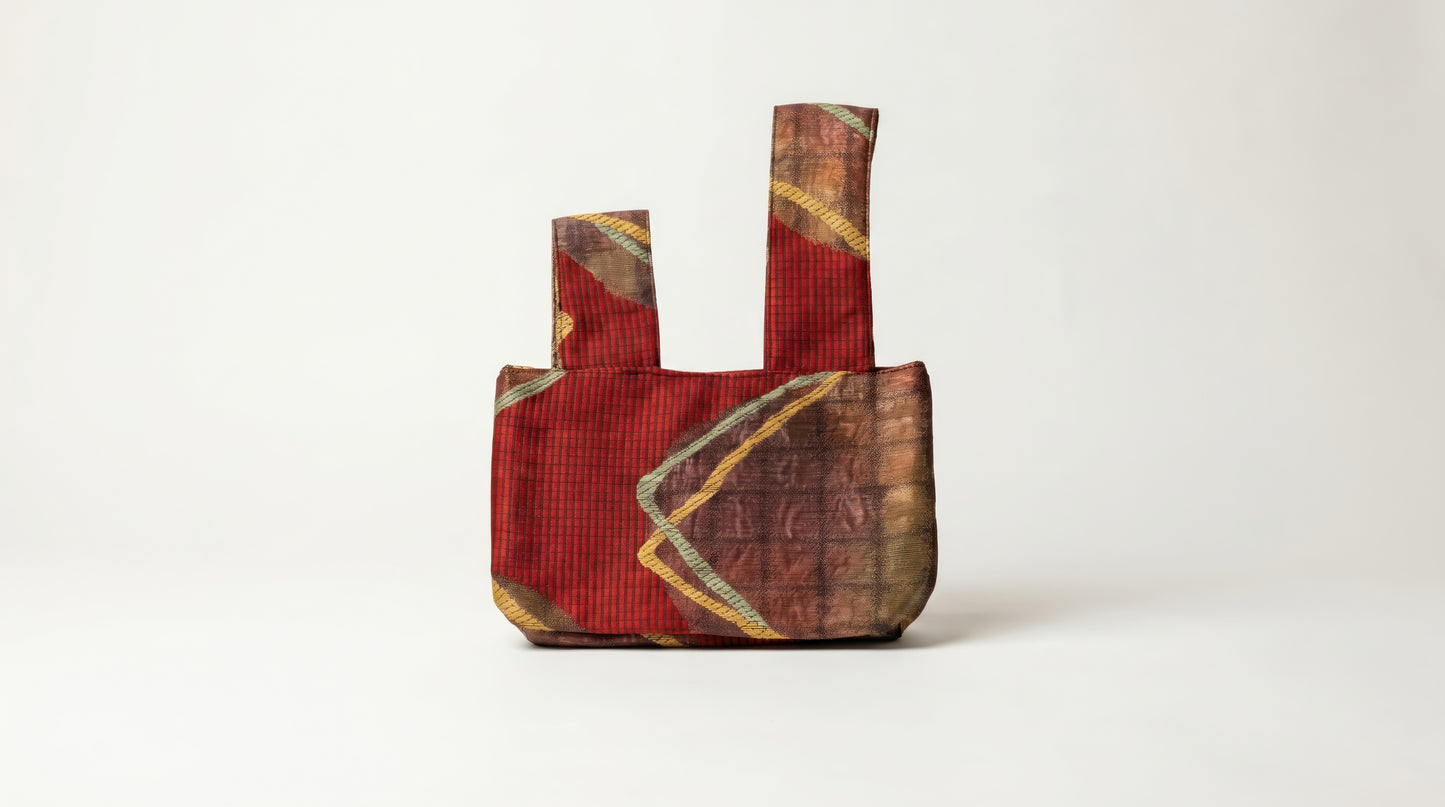 Japanese Ceremonial Silk Knot Bag – The Inazuma, Diagonal Lines on Patchwork in Oxblood and Gold