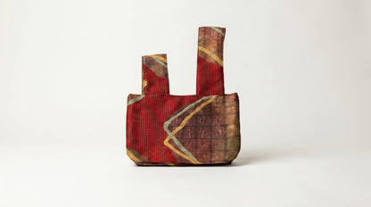 Japanese Ceremonial Silk Knot Bag – The Inazuma, Diagonal Lines on Patchwork in Oxblood and Gold
