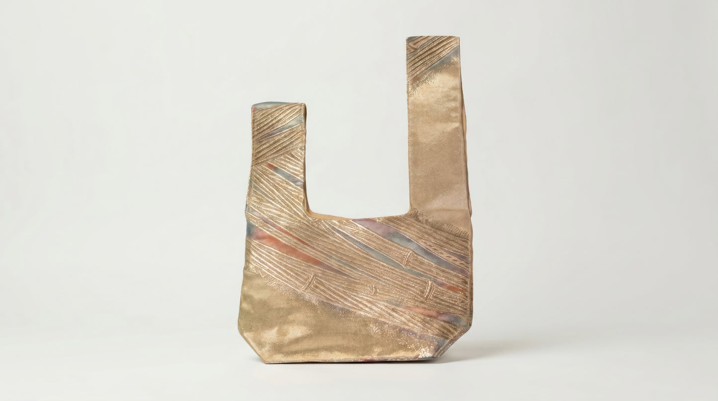 Japanese Ceremonial Silk Knot Bag – The Kogane no Obi, Striated Gold Bands in Champagne and Pastel